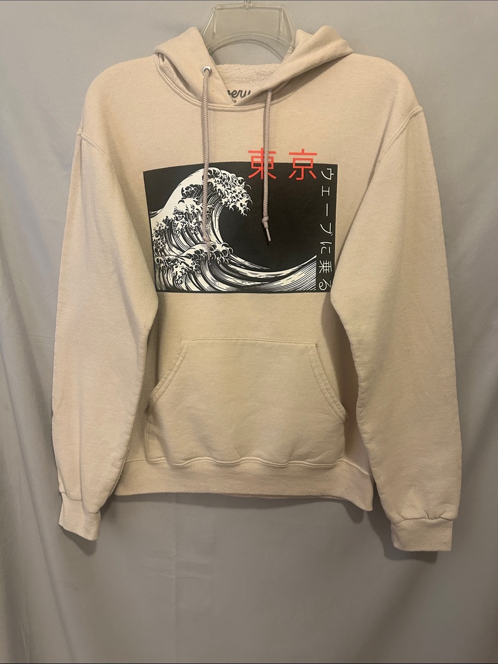 Beige Graphic Wave Hoodie Sweatshirt with Red Tokyo Accents